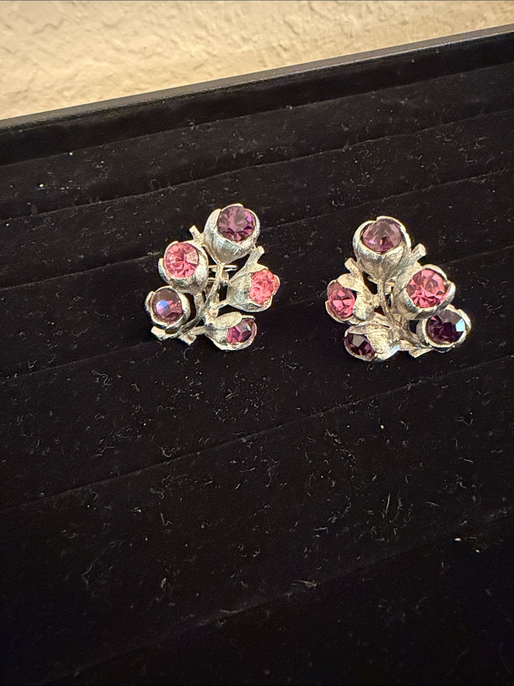 Vintage Silver-Tone Pink & Purple Crystal Floral Stud Earrings